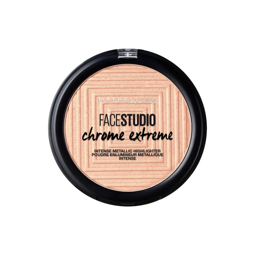 Maybelline Chrome Extreme Intense Metallic Highlighter in shade 350 Molten Rose Gold with an ultra-reflective powder formula and intense metallic glow.