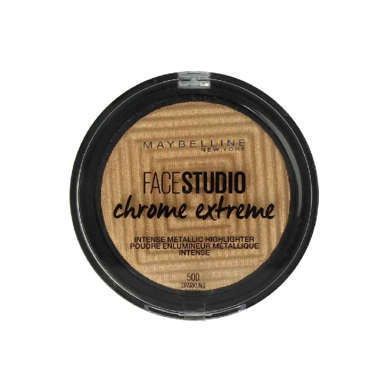 Maybelline Chrome Extreme Intense Metallic Highlighter in shade 500 Sparkling Citrine with an ultra-reflective powder formula and intense metallic glow.