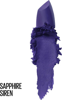 Open Maybelline Color Sensational Bold Lipstick in 891 Sapphire Siren highlighting the vibrant blue lipstick, smooth texture, and sleek black packaging.