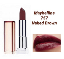Open Maybelline Color Sensational Lipstick in 757 Naked Brown highlighting the warm brown shade, creamy lipstick texture, and sleek signature packaging.