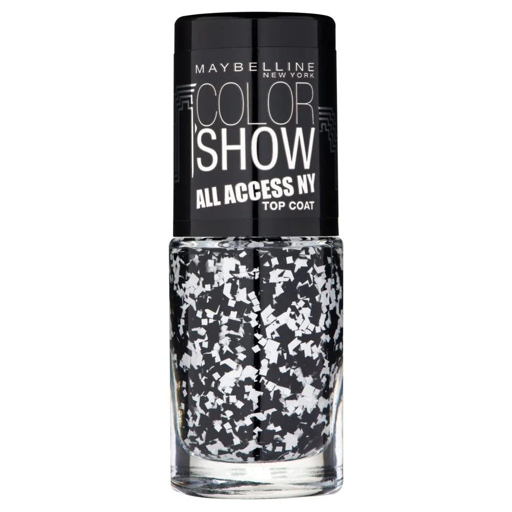 Maybelline Color Show All Access NY Top Coat in shade 422 Pave The Way displayed in its bottle, featuring a glitter top coat for adding a sparkling finish to nail polish.