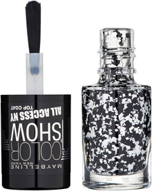 Maybelline Color Show All Access NY Top Coat in shade 422 Pave The Way shown with its nail polish brush, highlighting the glitter top coat formula for smooth application.