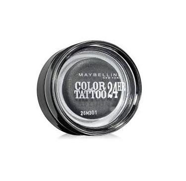 Maybelline Color Tattoo 24HR Eyeshadow in 55 Immortal Charcoal featuring a cream-gel eyeshadow in a glass jar with a smooth, blendable texture.