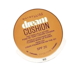 Maybelline Dream Cushion Liquid Foundation in 60 Caramel featuring a lightweight liquid foundation in a cushion compact for smooth, even, natural-looking coverage.