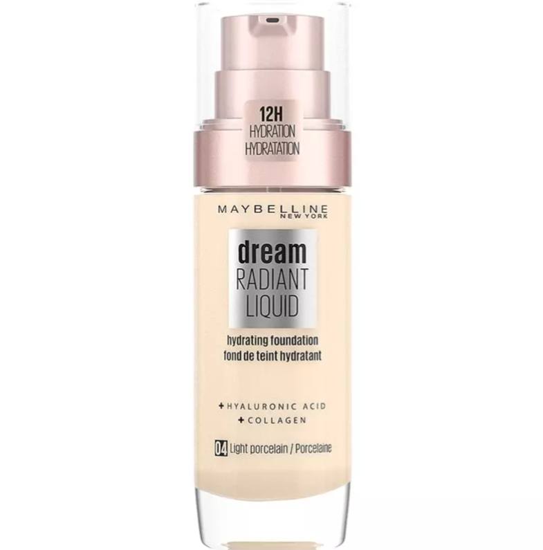 Maybelline Dream Radiant Liquid Foundation in shade 04 Light Porcelain with a radiant finish and hydrating lightweight formula.