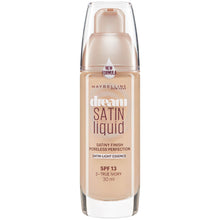 Maybelline Dream Satin Liquid Foundation in shade 003 True Ivory displayed in its bottle, featuring a lightweight liquid foundation with a smooth, satin finish.