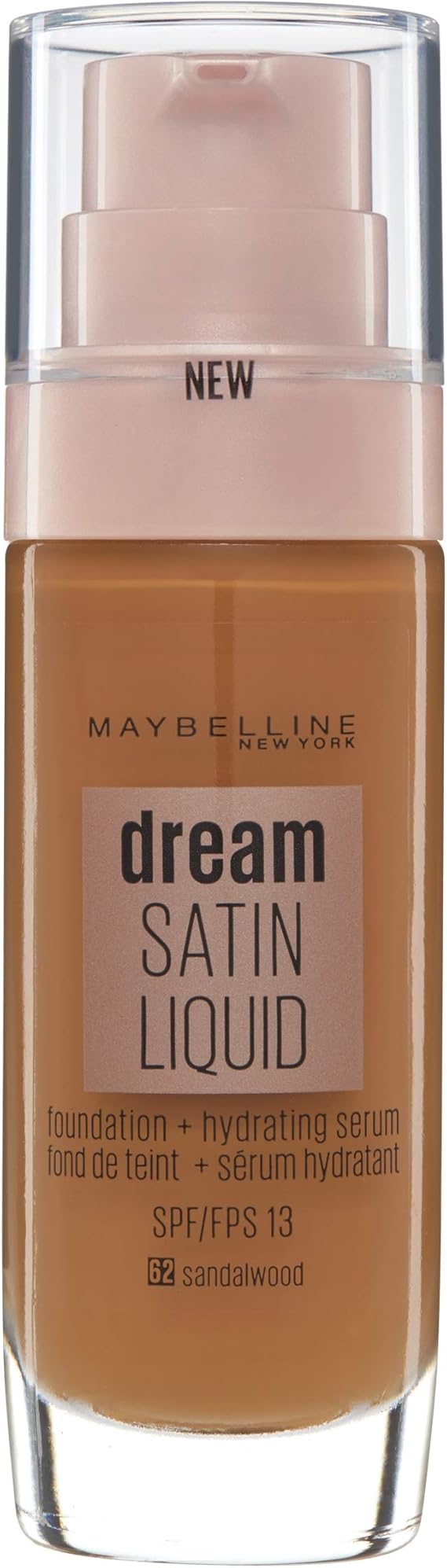 Maybelline Dream Satin Liquid Foundation in shade 62 Sandalwood Beige displayed in its bottle, featuring a smooth liquid foundation formula with a natural satin finish.