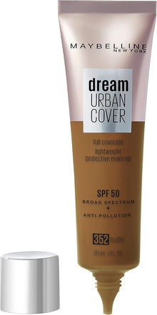 Maybelline Dream Urban Cover Foundation in shade 352 Truffle shown with the cap removed, highlighting the liquid foundation formula and easy-to-use tube packaging.