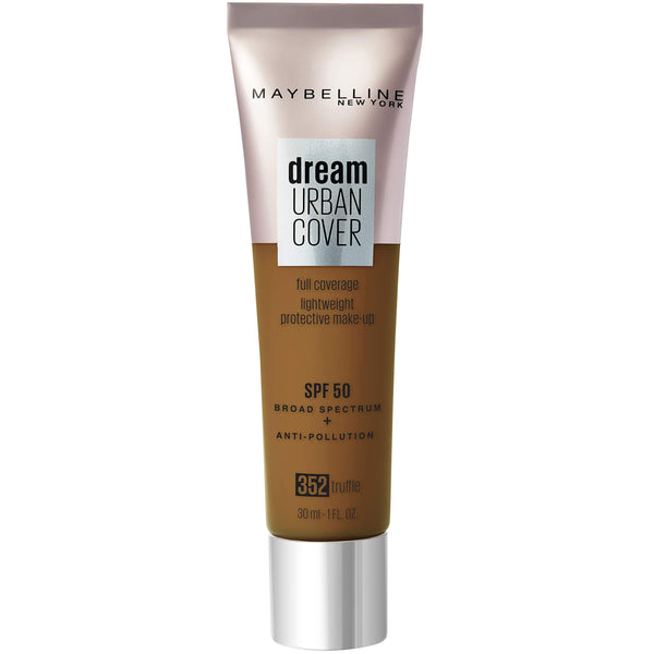 Maybelline Dream Urban Cover Foundation in shade 352 Truffle displayed in its tube, featuring a lightweight liquid foundation with natural-looking coverage.