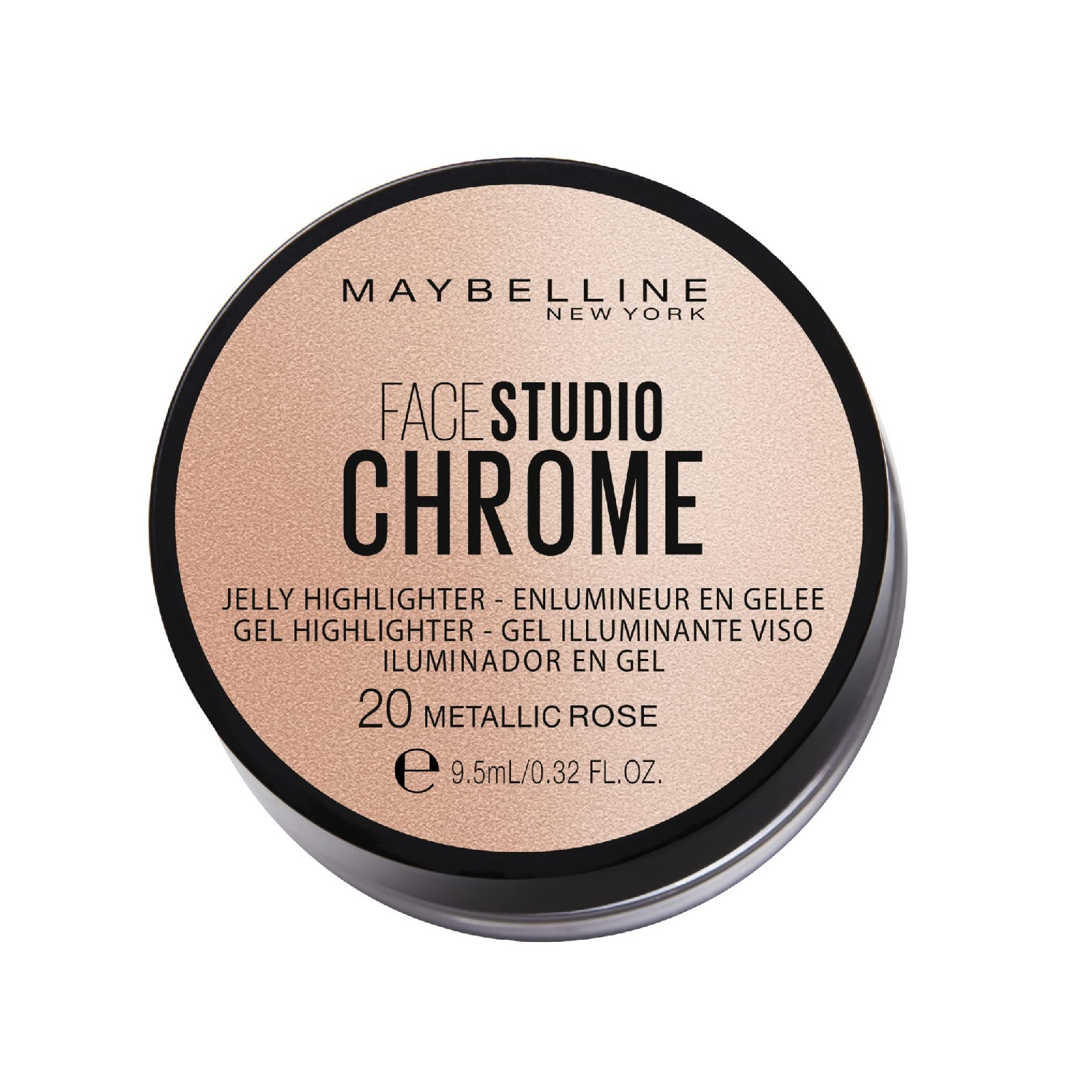 Maybelline Face Studio Chrome Jelly Highlighter in shade 20 Metallic Rose with a lightweight jelly texture and radiant metallic glow.