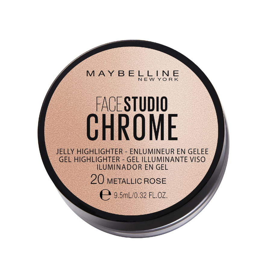Maybelline Face Studio Chrome Jelly Highlighter in shade 20 Metallic Rose with a lightweight jelly texture and radiant metallic glow.