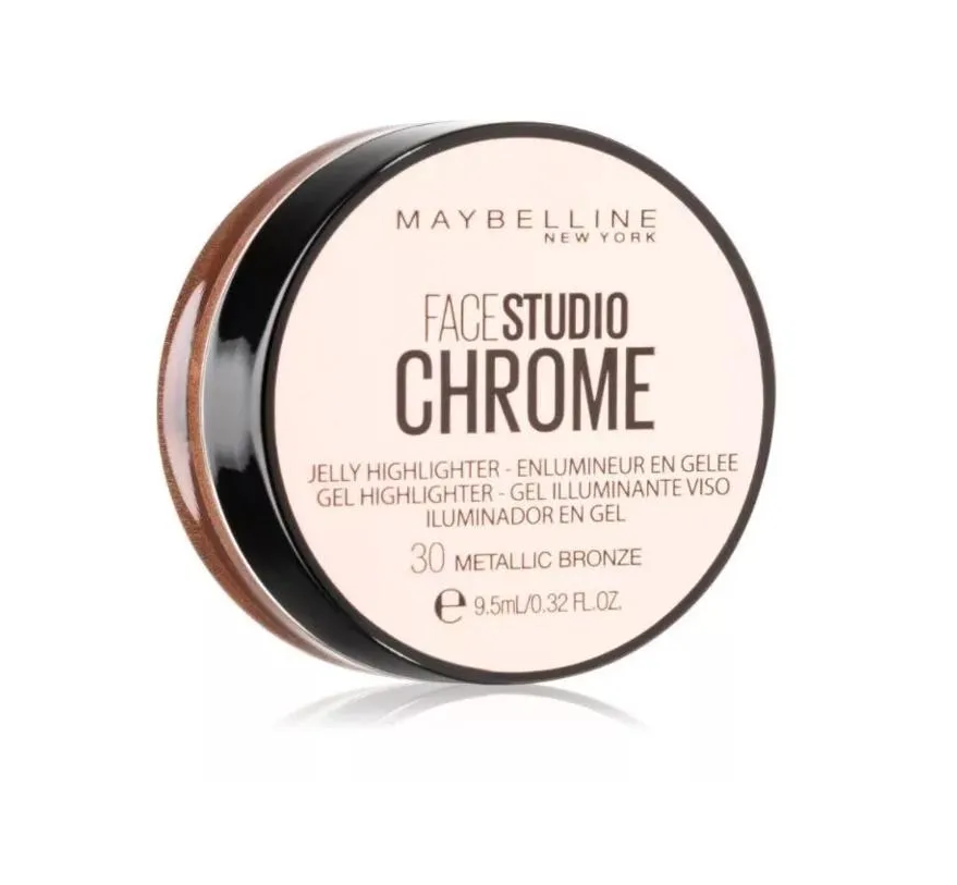 Maybelline Face Studio Chrome Jelly Highlighter in shade 30 Metallic Bronze with a lightweight jelly formula and a radiant metallic shimmer finish.