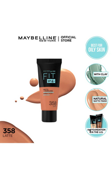 Maybelline Fit Me Matte + Poreless Foundation 358 Latte featuring buildable coverage and a natural-looking matte finish.