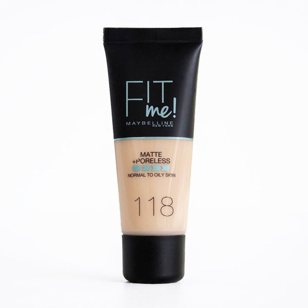 Maybelline Fit Me Matte + Poreless Foundation 118 Light Beige 30ml with a lightweight matte finish for normal to oily skin.