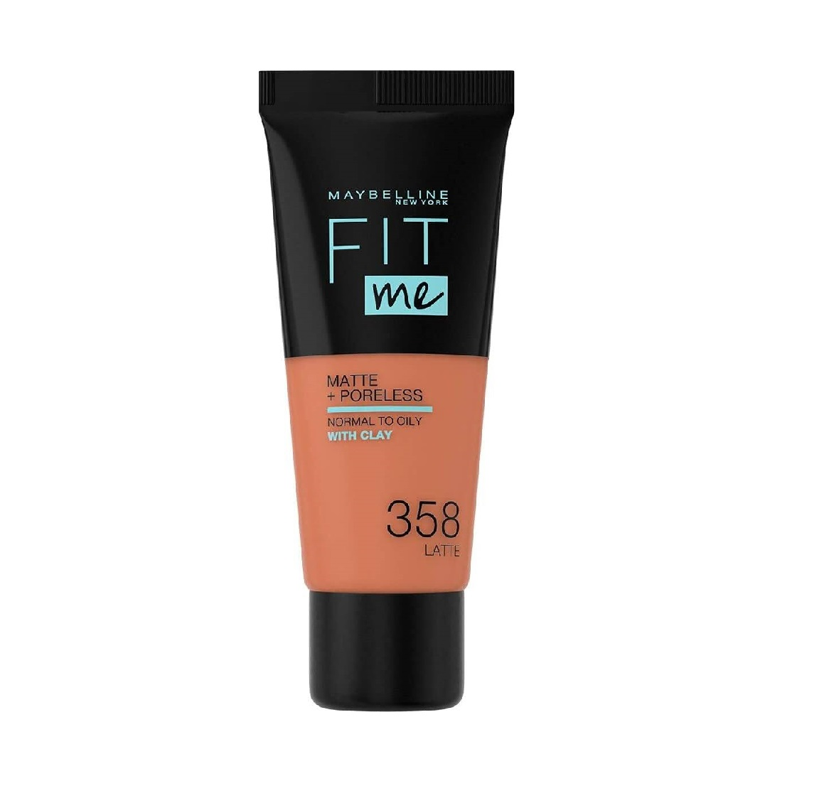 Maybelline Fit Me Matte + Poreless Foundation in shade 358 Latte with a lightweight matte finish and pore-blurring coverage.