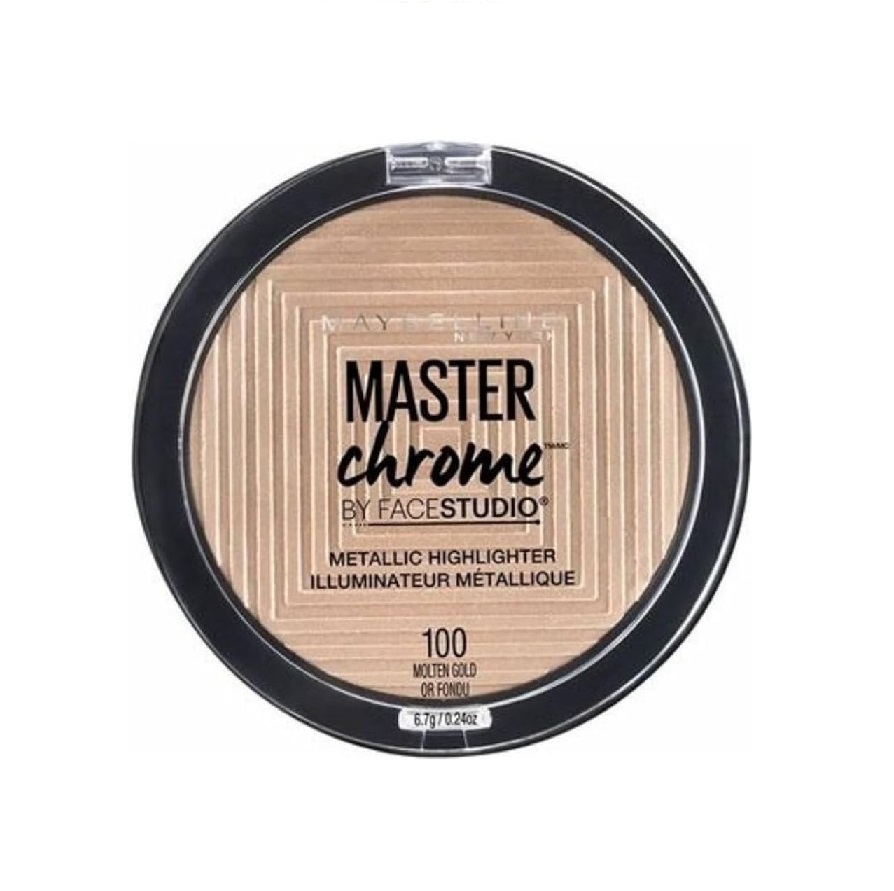 Maybelline Master Chrome Highlighting Powder in shade 100 Molten Gold with a silky powder formula and intense metallic glow.