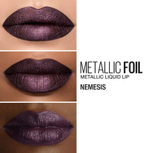 Maybelline Metallic Foil Liquid Lipstick in shade 120 Nemesis featured alongside additional metallic shades, showcasing the foil-inspired finish and color variation within the collection.