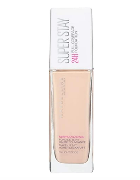 Maybelline New York Long-Lasting Super Stay 24H Foundation in 05 Light Beige featuring a liquid foundation in a glass bottle with a pump for smooth, buildable coverage.