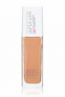 Maybelline SuperStay 24H Full Coverage Foundation in shade 58 True Caramel displayed in its bottle, featuring a liquid foundation with full coverage and a natural-looking finish.