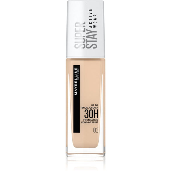 Maybelline New York SuperStay 30HR Foundation 03 True Ivory with a full-coverage matte finish.