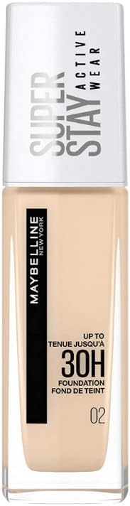 Maybelline SuperStay Active Wear Foundation 02 Naked Ivory with full coverage and a lightweight matte finish.