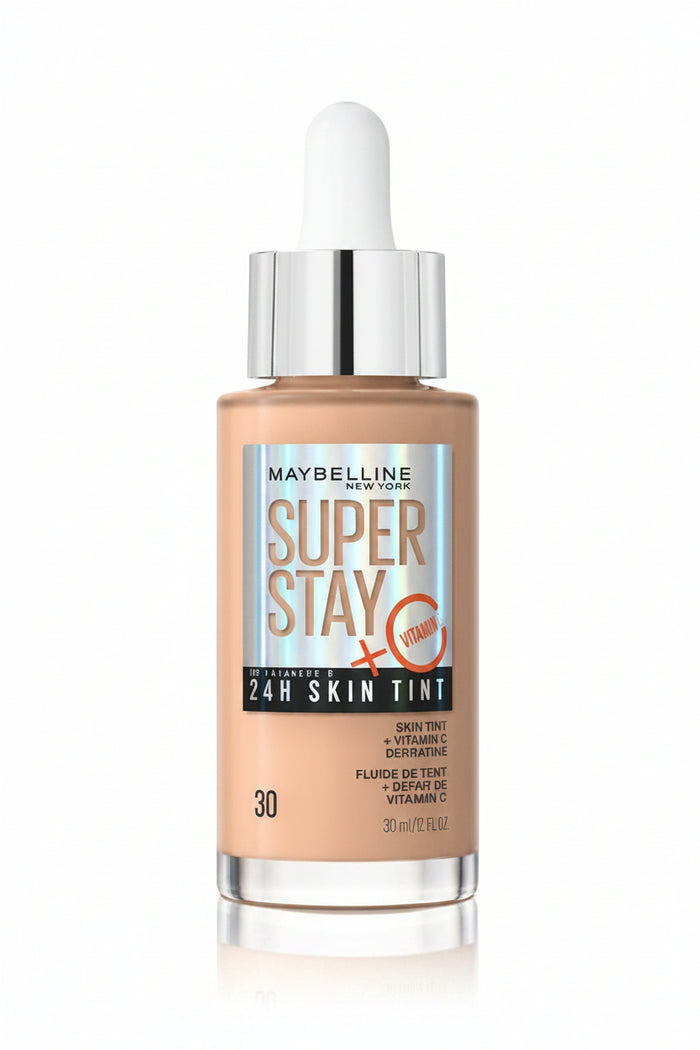Maybelline SuperStay Glow Tint in shade 30 NU displayed in its bottle, featuring a lightweight skin tint designed to provide a fresh, radiant-looking finish.
