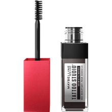 Close-up of Maybelline Tattoo Brow 36H Styling Gel in shade 257 Medium Brown showcasing the spoolie applicator and lightweight tinted brow gel formula.