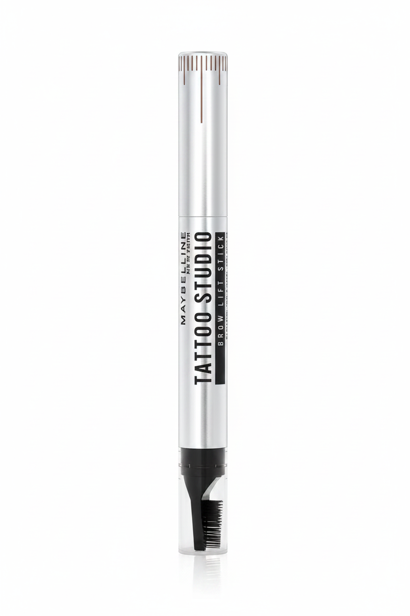 Maybelline Tattoo Brow Lift Stick in 02 Soft Brown featuring a brow styling stick with a creamy formula for shaping, filling, and defining brows.