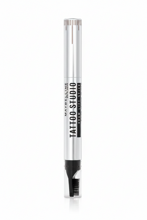 Maybelline Tattoo Brow Lift Stick in 02 Soft Brown featuring a brow styling stick with a creamy formula for shaping, filling, and defining brows.