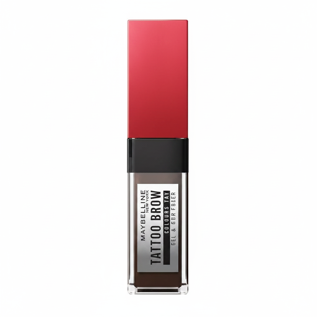 Maybelline Tattoo Brow Styling Gel in 260 Deep Brown featuring a tinted brow gel with a precision spoolie for shaping, grooming, and defining brows.