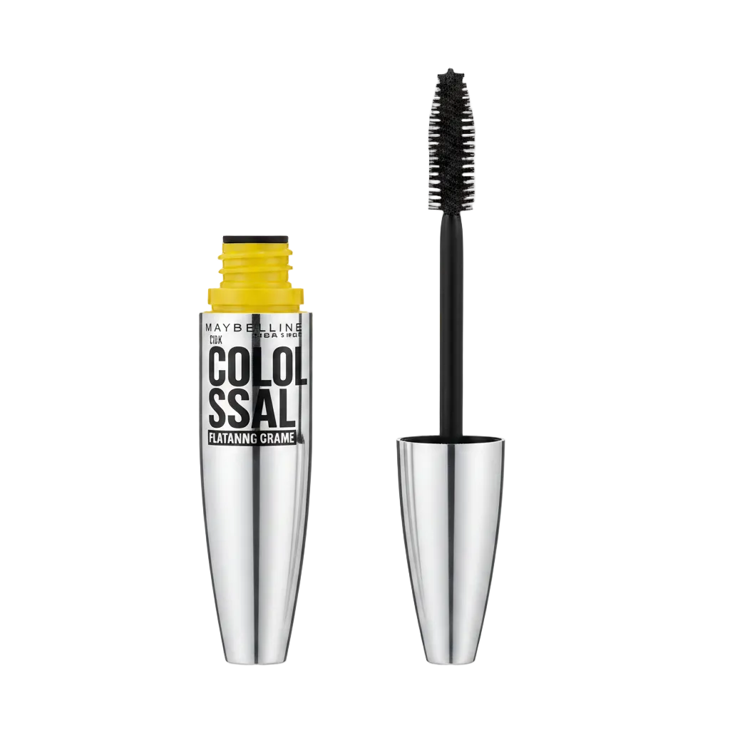 Close-up of Maybelline The Colossal Platinum Black Mascara in 03 Platinum showcasing the oversized mascara wand designed to coat, separate, and volumize every lash.