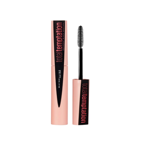 Maybelline Total Temptation Mascara in Black featuring a buildable volumizing mascara with a creamy formula and plush brush for soft, full-looking lashes.
