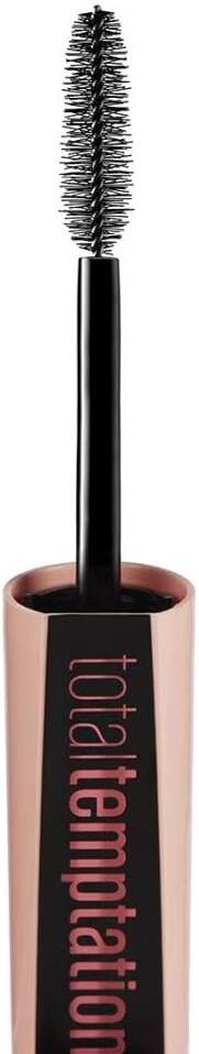Close-up of Maybelline Total Temptation Mascara in shade Black showcasing the soft-bristle mascara wand designed to coat, separate, and volumize every lash.