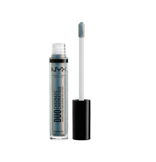 NYX Duo Chromatic Shimmer Lip Gloss 07 Day Club featuring a lightweight formula with iridescent color-shifting shimmer.