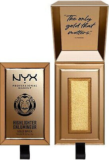 NYX Professional Makeup La Casa De Papel Highlighter 01 Gold Brick featuring a smooth, blendable formula for a luminous finish.