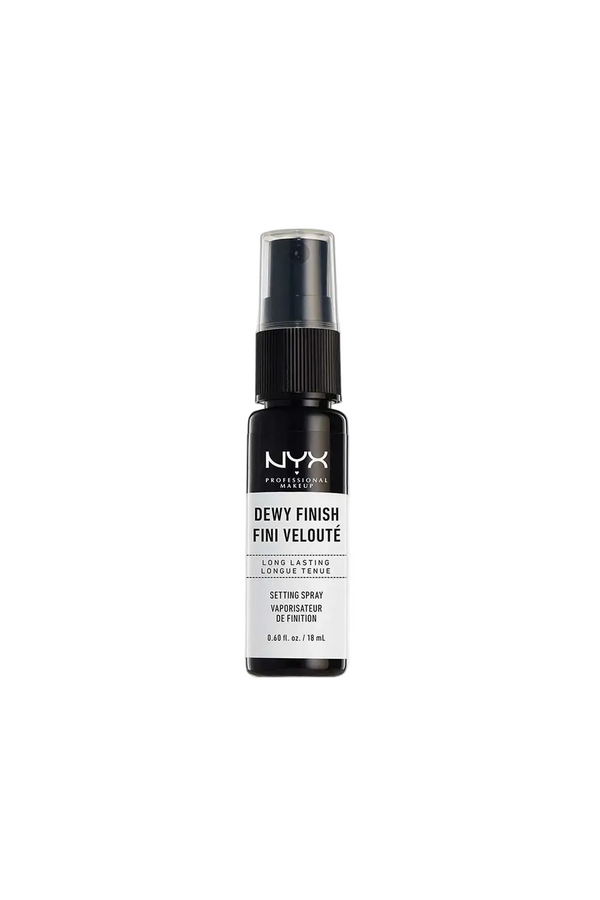 NYX Long Lasting Setting Spray 02 Dewy Finish displayed in its spray bottle, featuring a lightweight setting spray designed to leave makeup with a fresh, dewy finish.
