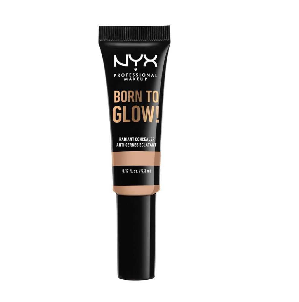NYX Professional Makeup Born To Glow Concealer in 12.7 Neutral Tan featuring a lightweight liquid formula in a squeeze tube for smooth, buildable coverage.