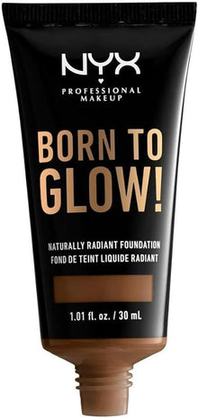 NYX Professional Makeup Born To Glow Naturally Radiant Foundation in shade 19 Mocha shown with the cap removed, highlighting the creamy liquid formula and easy-to-use tube packaging.