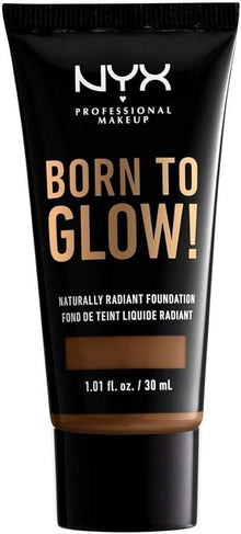 NYX Professional Makeup Born To Glow Naturally Radiant Foundation in shade 19 Mocha displayed in its tube, featuring a lightweight liquid foundation with a naturally radiant finish.
