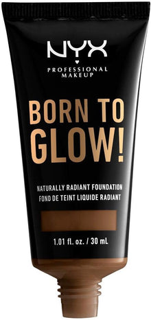 NYX Professional Makeup Born To Glow Naturally Radiant Foundation in shade 21 Cocoa shown with the cap removed, highlighting the creamy liquid formula and easy-to-use tube packaging.