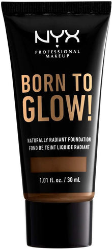NYX Professional Makeup Born To Glow Naturally Radiant Foundation in shade 21 Cocoa displayed in its tube, featuring a lightweight liquid foundation with a naturally radiant finish.