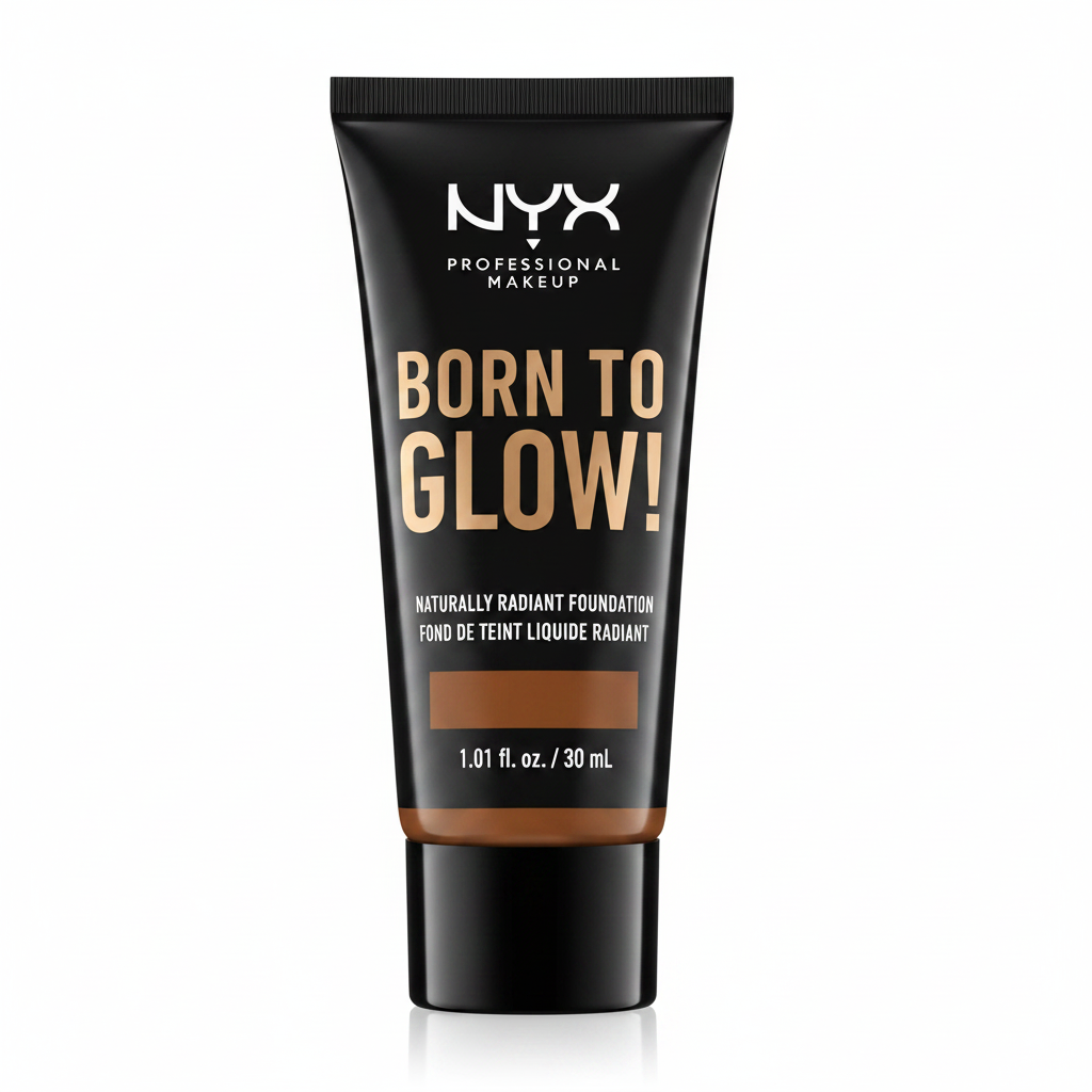NYX Professional Makeup Born To Glow Naturally Radiant Foundation in 22.3 Walnut featuring a lightweight liquid formula with a naturally radiant finish in a squeeze bottle.