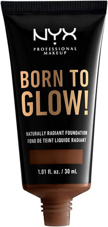 NYX Professional Makeup Born To Glow Naturally Radiant Foundation in shade 22.7 Deep Walnut shown with the cap removed, highlighting the creamy liquid formula and easy-to-use tube packaging.