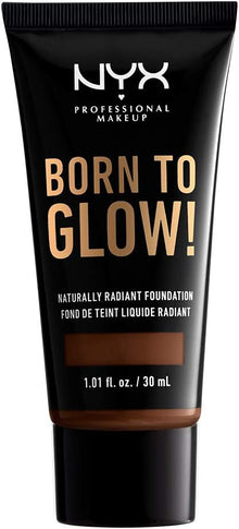 NYX Professional Makeup Born To Glow Naturally Radiant Foundation in shade 22.7 Deep Walnut displayed in its tube, featuring a lightweight liquid foundation with a naturally radiant finish.