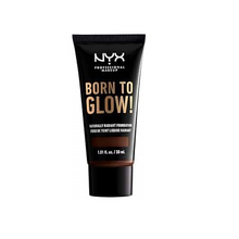 NYX Professional Makeup Born To Glow Naturally Radiant Foundation in 25 Deep Ebony featuring a lightweight liquid formula with a naturally radiant finish in a squeeze bottle.