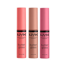 Swatch of NYX Professional Makeup Butter Gloss in shade 08 Apple Strudel showcasing its peachy nude tone, buttery texture, and glossy finish.
