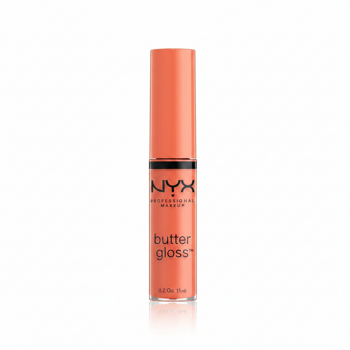 NYX Professional Makeup Butter Gloss in shade 23 Peach Crisp shown with the applicator removed, highlighting its creamy gloss formula for precise application.