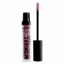 Swatch of NYX Professional Makeup Chromatic Lip Gloss in shade 03 Galaxy Glow showcasing its iridescent champagne shimmer, glossy texture, and multidimensional finish.