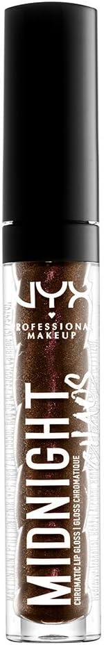 NYX Professional Makeup Chromatic Lip Gloss in shade 11 Dark Dimension shown with the applicator removed, highlighting its shimmering gloss formula for precise application.