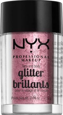 NYX Professional Makeup Face And Body Glitter Brilliants in 02 Rose featuring loose cosmetic glitter in a compact jar for eye, face, and body makeup looks.